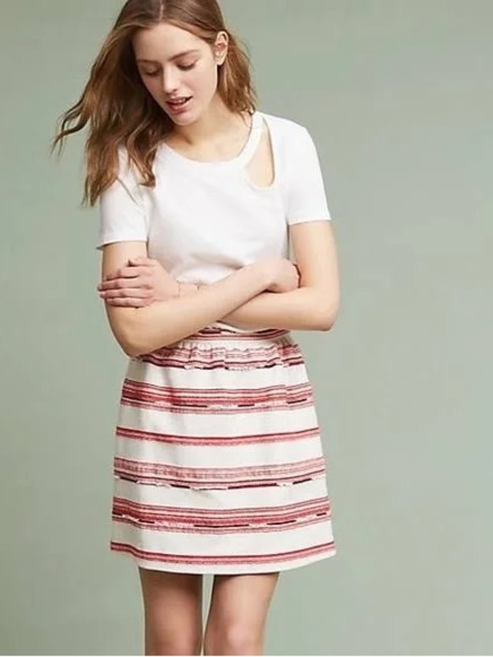 Paper Crown Cream Mini Skirt with Red Horizontal Stripes